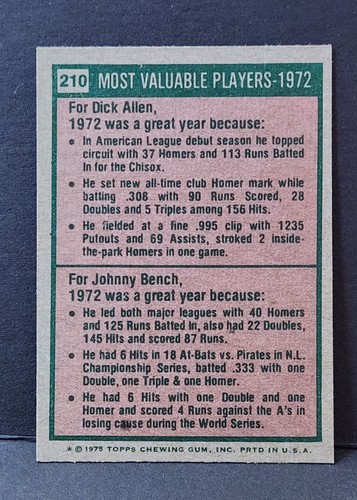 1975 Topps Set-Break #210 1972 Mvp'S Richie Allen and Johnny Bench NM-MT+++ - Picture 4 of 4