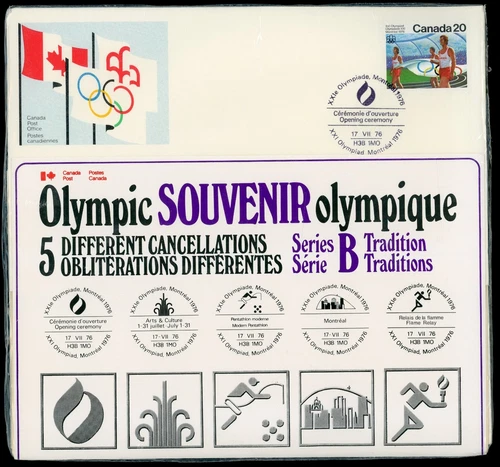 CANADA 1976 OLYMPIC CEREMONIES, TRADITION POSTMARKS, FIRST DAY COVERS SET OF 5