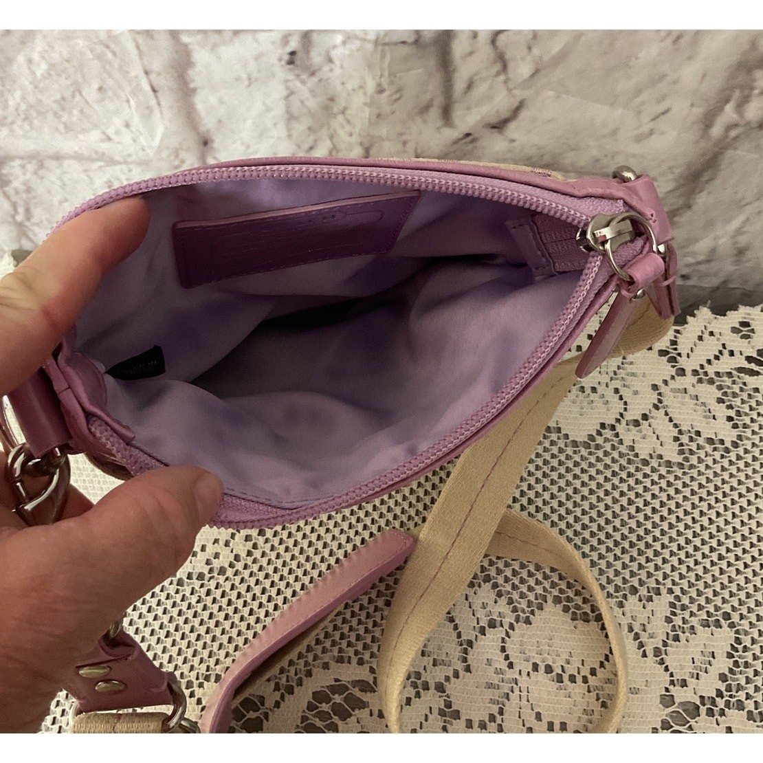 Coach Signature Patchwork Swingpack Lavender Silv… - image 5