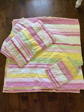 Pottery Barn Kids Queen Quilt Girls 3 Shams Pink Green Yellow Embroidered