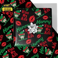 Funny Christmas Wrapping Paper – Naughty Green Gnome Red Lips Xmas Gift Wrap for