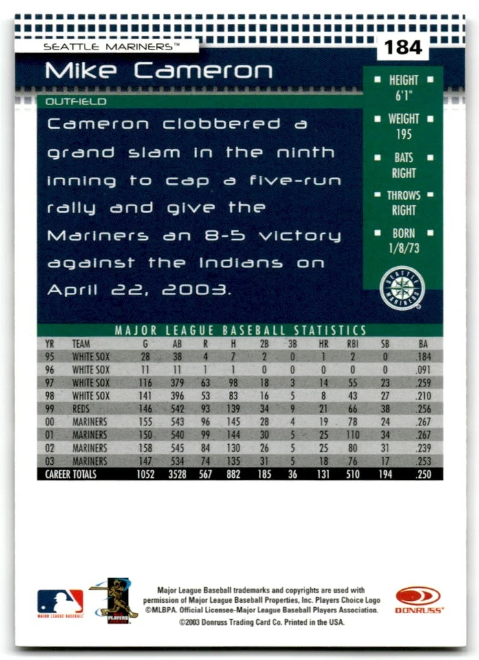 2004 Donruss Mike Cameron Seattle Mariners #184 - Image 2 of 2
