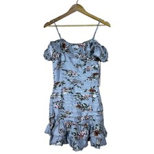 ASTR The Label Floral Ruffle Eyelet Mini Dress Light Blue Cottagecore Size S