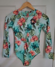 NWOT JUSTICE Girls Rash Guard 1 Piece Swimsuit Turquoise Tropical Print Size L