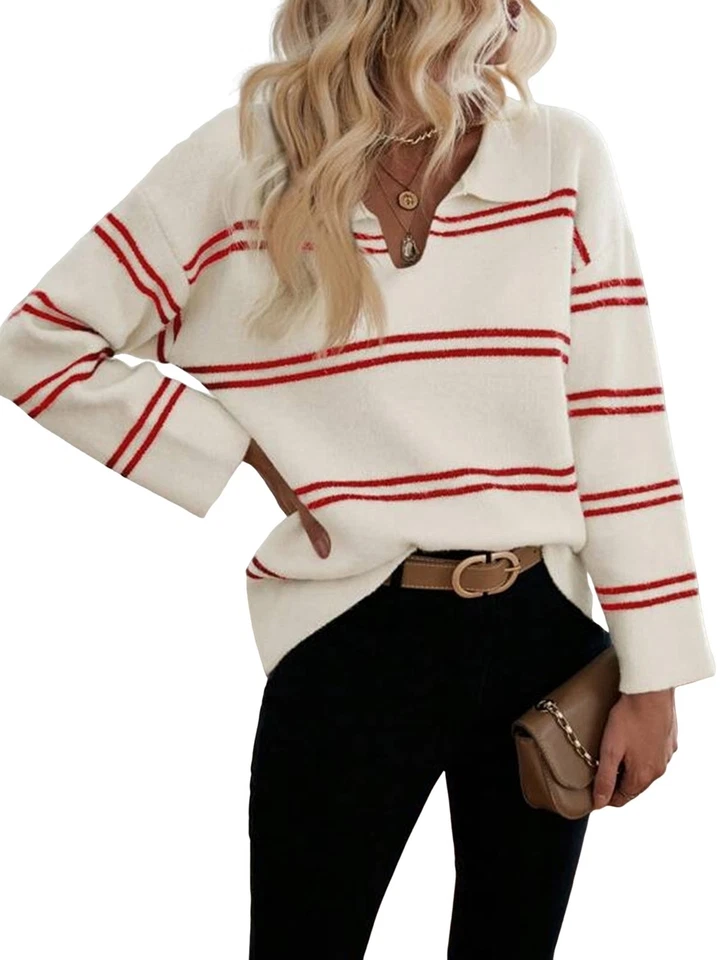Damen Lässiger, Gestreifter, Langärmliger Pullover mit V-Ausschnitt, Leicht7484 - Bild 1 von 1