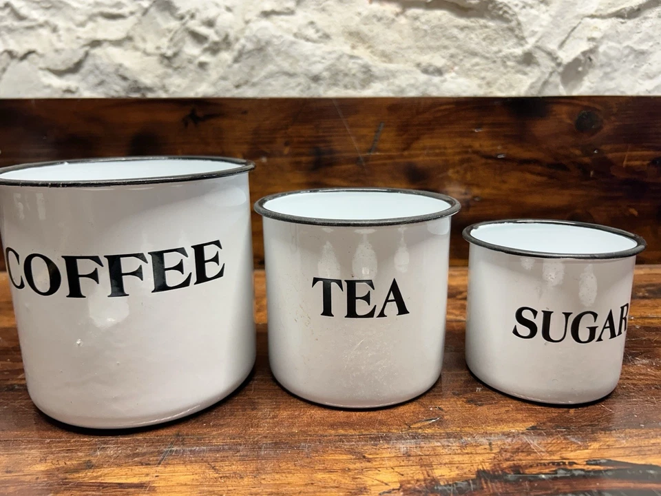 Фермерский дом кофе чай сахар белый черный эмалированная посуда канистра набор металлический коттедж винтажный - Изображение 4 из 4