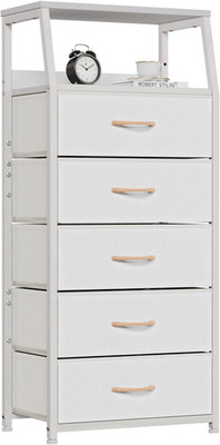 White Dresser with 5 Drawers, Vertical Storage Tower Fabric Dresser for Bedroom,