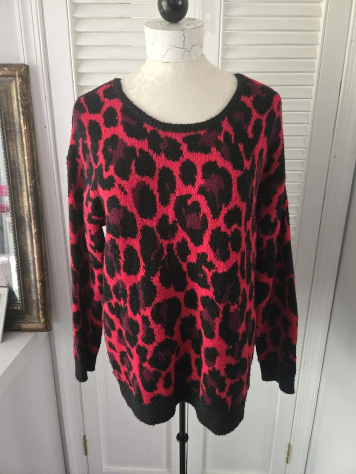 Apt 9 женщин L красный леопард печать нечеткий мягкий вязаный v-образным вырезом пуловер свитер - Изображение 2 из 4