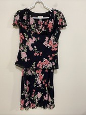 Talbots Size 6P 2 Piece Skirt Dress Short SLeeve Black Floral Rayon Lined