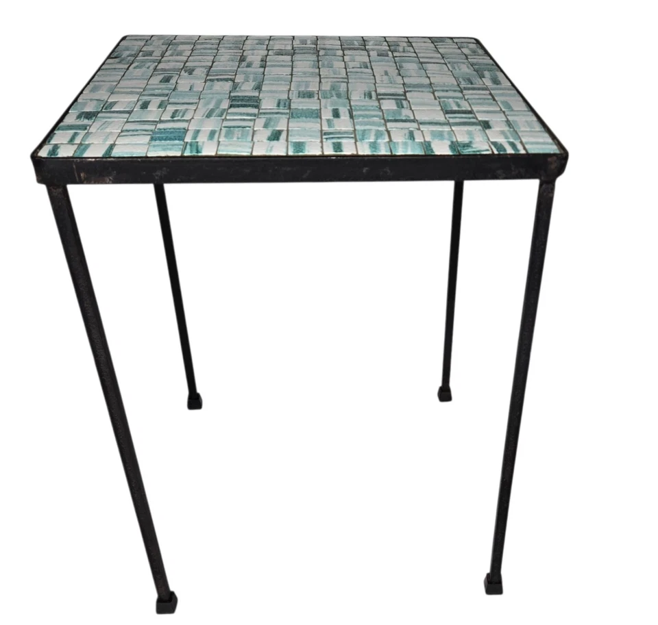 Mid-Century Modern Turquoise Green Tile Table Wrough Iron Table  - Image 3 of 4