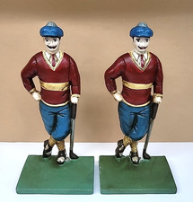 Vintage Cast Iron Bookends/Door Stop Golfing Golfer Man Sport 10" Tall