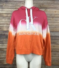 Calvin Klein Pullover Hoodie Women M Pink White Orange Ombre Crop Loose Casual