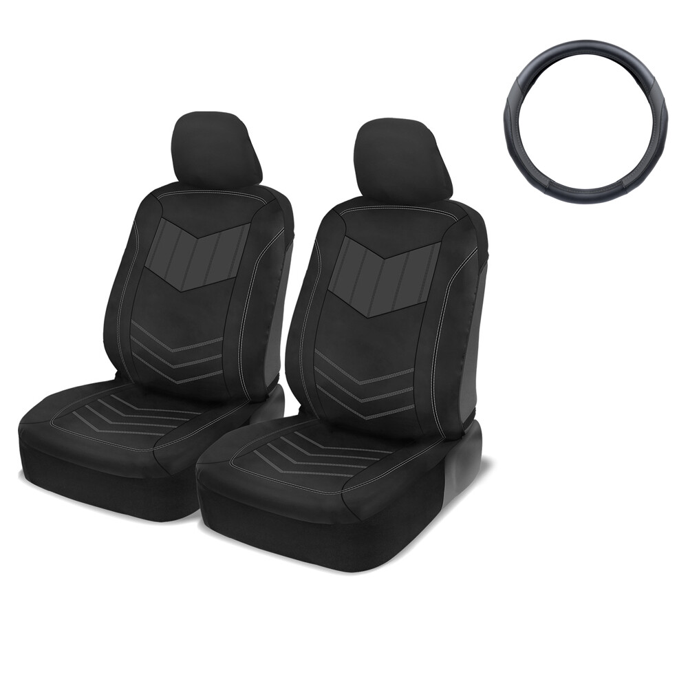 Leather Car Seat Covers Front + Leather Steering Wheel Cover Universal Size