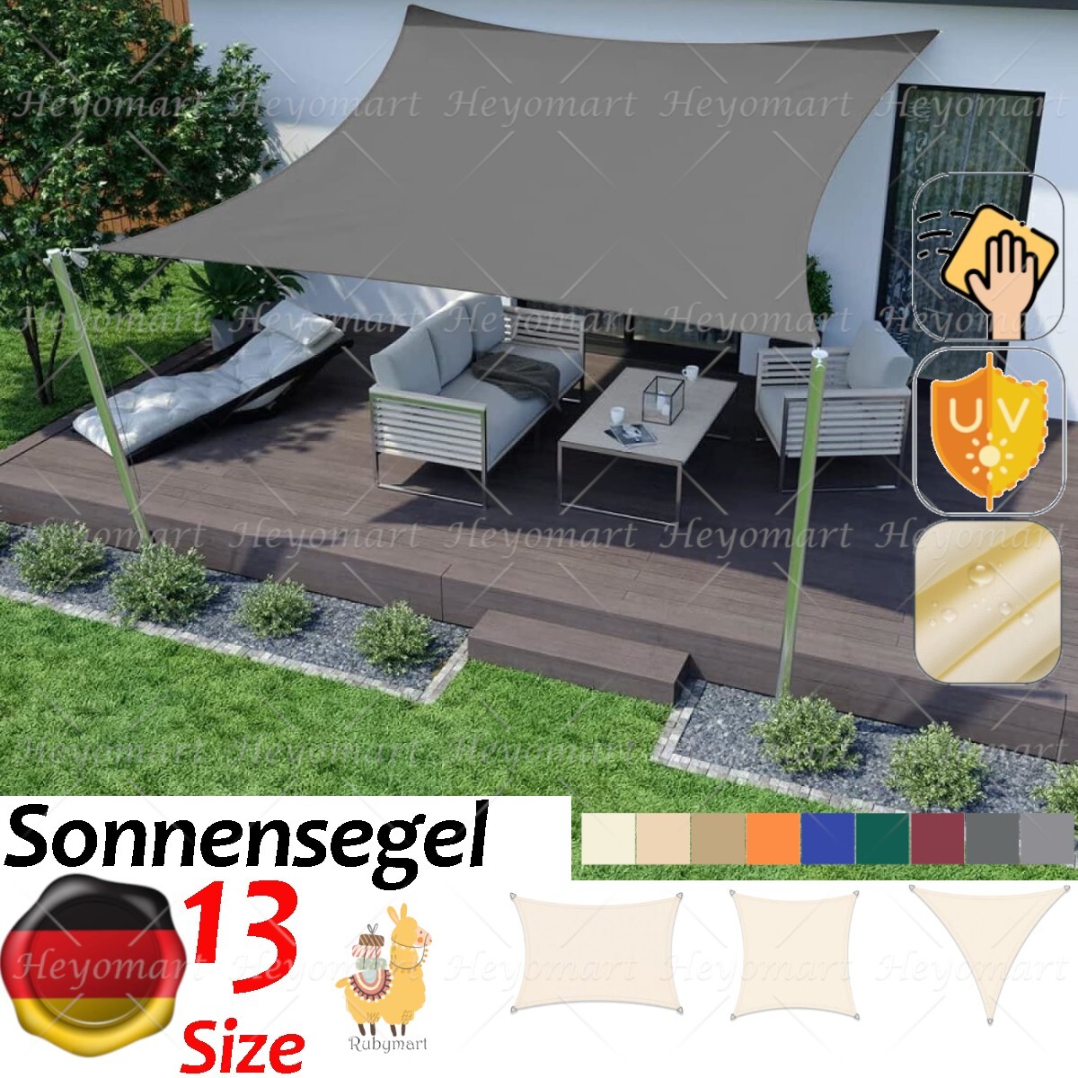 Sonnensegel Rechteckig 3x3,5 M – Wasserdicht, 98% UV-Schutz, Mit Befestigung