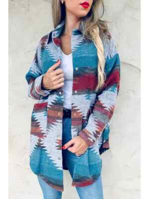 Aztec Printed Side Button Down Detail Oversized Jacket