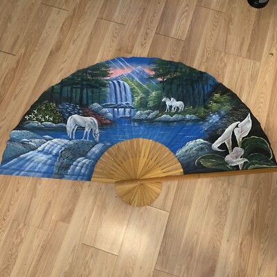 Vintage Oriental Asian Hand Painted Folding Wall Hanging Decor Fan Unicorns EUC