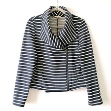 Mystree Womens Blue White Striped French Terry Asymmetrical Jacket Size M