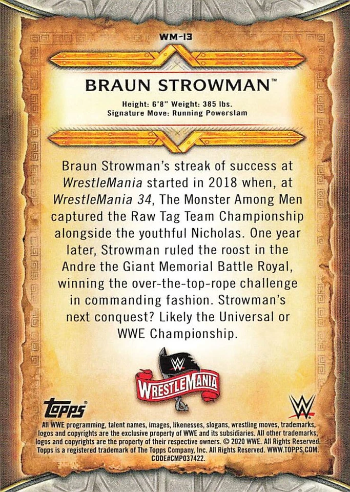 2020 Topps WWE Road to Wrestlemania Roster #WM-13 Braun Strowman - Image 2 of 2