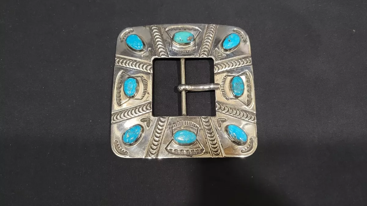 Vintage Native American Navajo Sterling Silver Turquoise Belt Buckle by Joe Paul