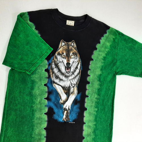 Y2K Habitat Men's Size L Large WOLF SHIRT Cotton Short Sleeve Green Black - Picture 2 of 18