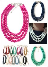 Womans Faux Pearl 3 Layer Multi Strand Gatsby Necklace Statement Bib Vintage UK