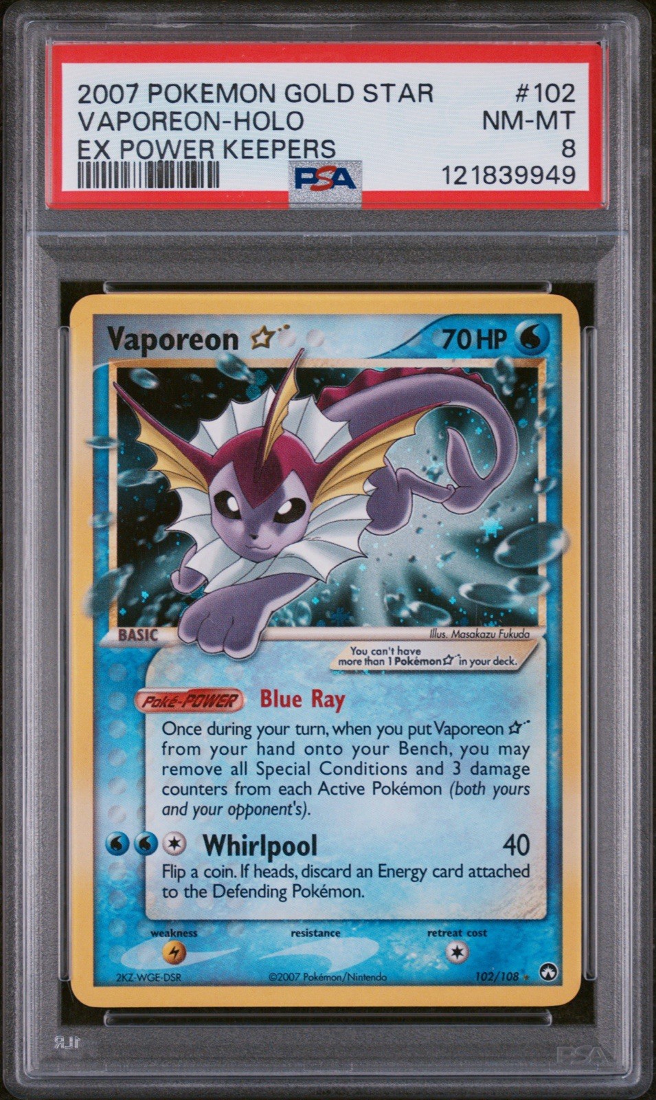 Pokémon 2007 Vaporeon Star Gold Star Holo EX Power Keepers #102 PSA 8