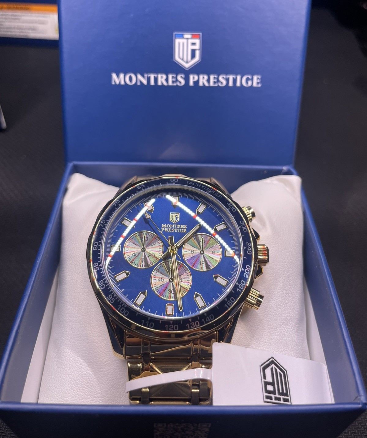 Men's 44mm Gold Blue Dial Quartz Wristwatch Stainless Steel Analog Bracelet New