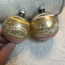 2 VTG Gold Striped Shiny Brite Silent Night Merry Christmas Ornament 2.5" #DR
