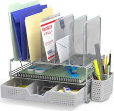 Mesh Desk Organizer with Sliding Drawer, Double Tray and 5 Upright Sections, Sil
