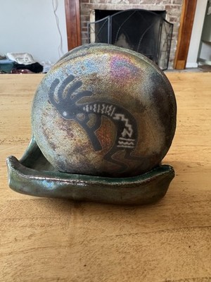 Jeremy Diller Kokopelli Raku Pottery Coaster In Its Holder. Signed by Artist