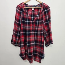 Catherines Flannel Popover Tunic Top Sz 2X Red Plaid Cabincore Country Barn Cozy