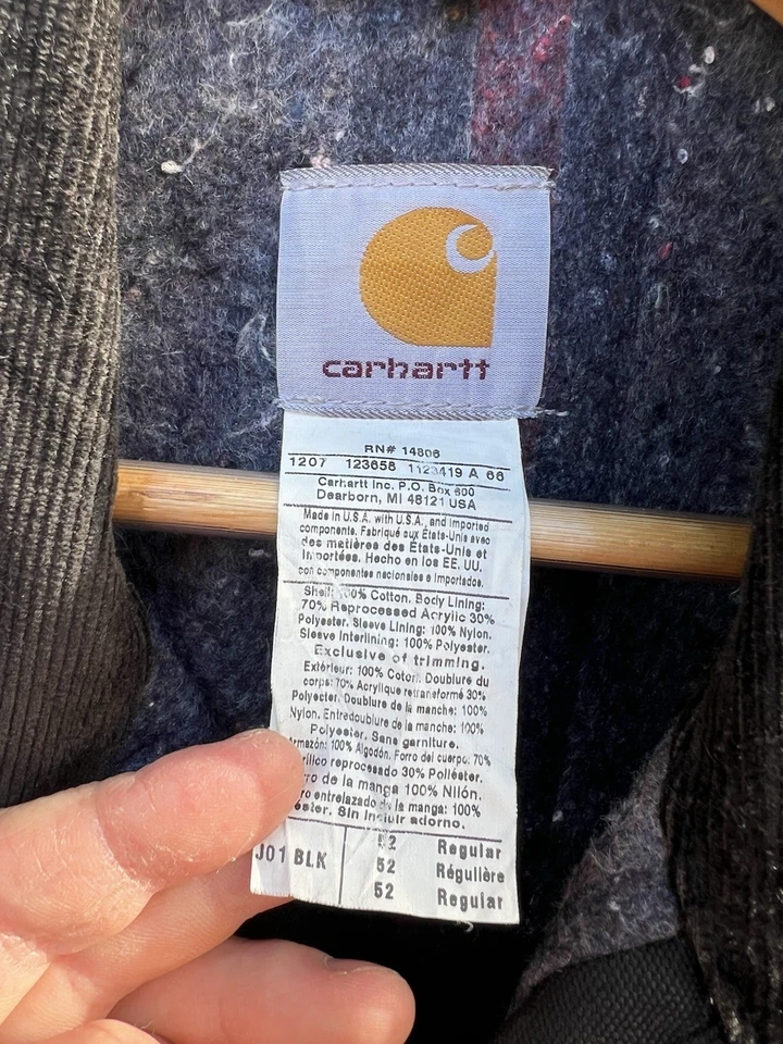Carhartt J01 BLK Black Lined Canvas Work Jacket Zip Embroidered Logo 52R, photo 3 of 5