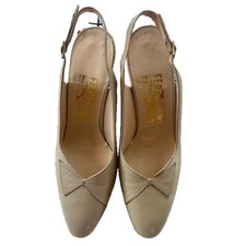 Vintage 90s Saks 5th Ave Ferragamo Beige Leather Slingback Bow Pumps Heels 7.5