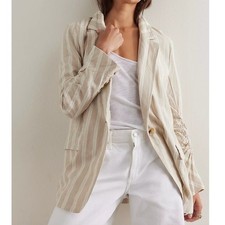Free People Fern Striped Linen Ruched Sleeve Relaxed Blazer Jacket Large Preppy