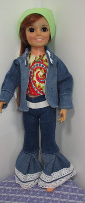 Groovy  18'' NO Doll Ideal Crissy Retro Jeans Shirt Head Wrap Denim Jacket Multi