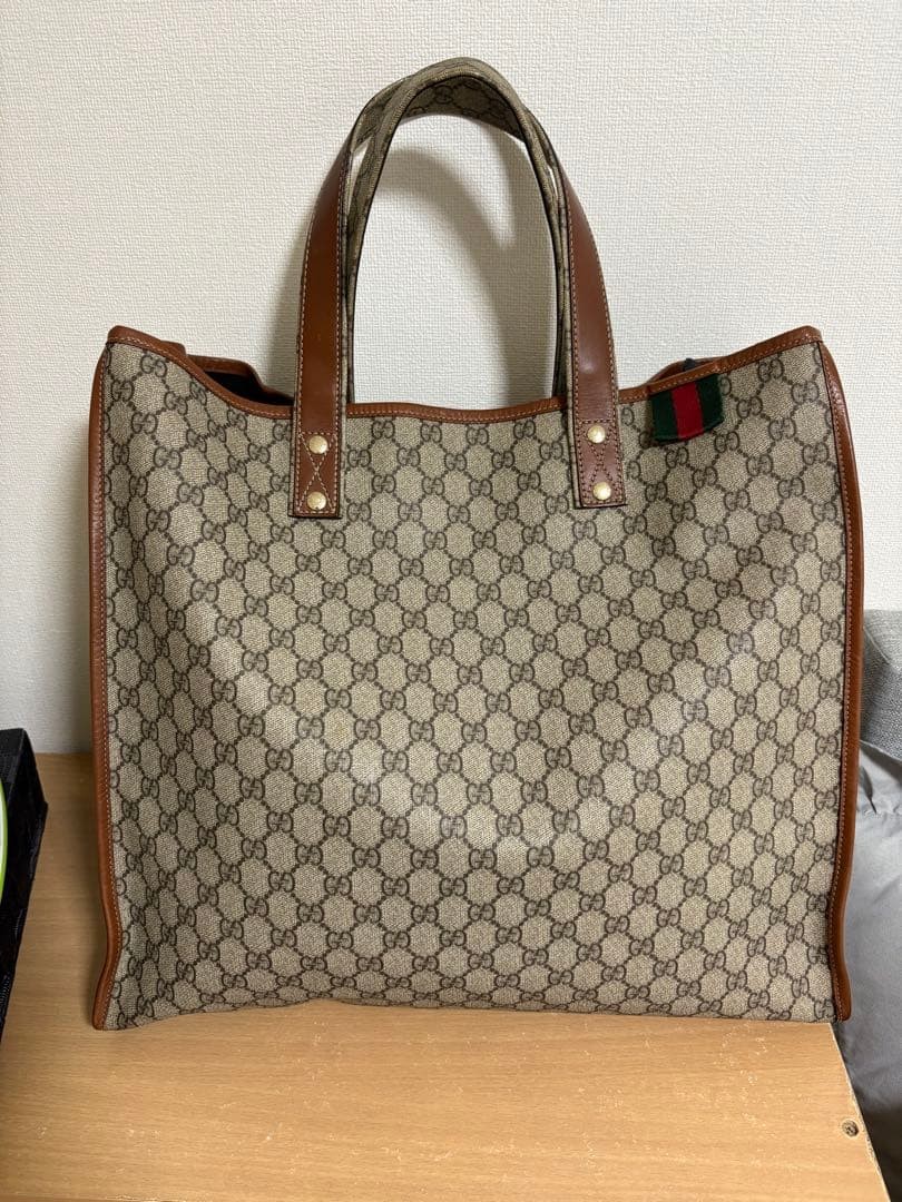 Gucci GG Supreme Web Loop Tote Bag Large Brown Canvas Leather Handle Authentic