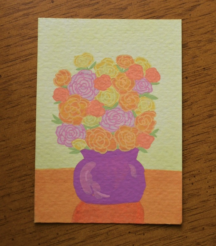 ACEO Original Painting Flower Vase Still Life Acrylic Mini Art Card 2.5x3.5 