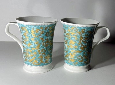 SET 2 DUNOON  MANTUA  COFFEE TEA CUP MUG GOLD SCROLL LEAVES 12 OZ ENGLAND