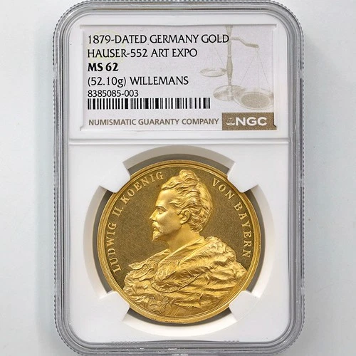 1879 Germany Ludwig II of Bavaria 15 Ducat Gold Medal NGC MS 62 HAUSER-552