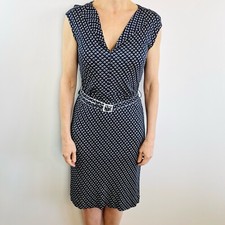 Tory Burch Size 12 M Navy Blue White Geometric Print Belted Dress Designer