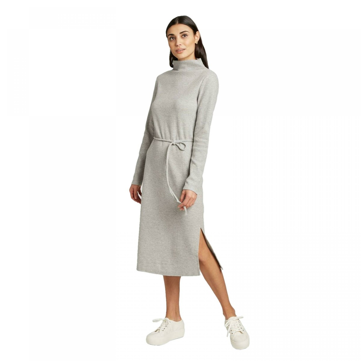 Women's Long Sleeve Mock Turtleneck Belted Knit Dress - A New Day Gray S