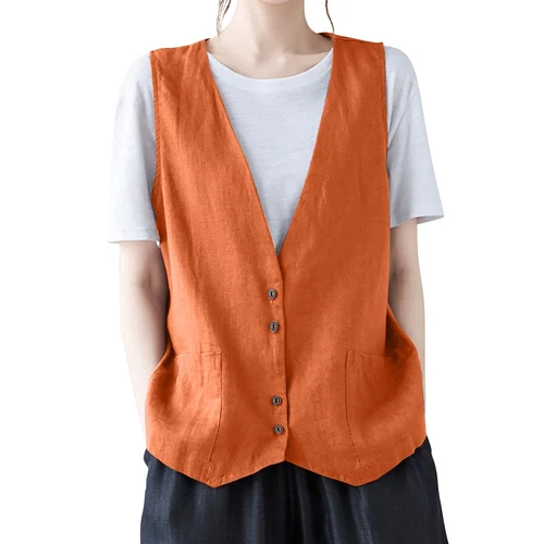Mujeres Algodón Lino Sin Mangas Chaleco Abrigo Damas Botones Chaleco Informal Camiseta sin Mangas - Imagen 21 de 45