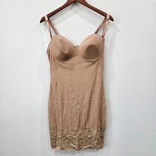 Womens Semi Sheer Mesh Lace Full Slip Dress Size XL Tan Mini Shaping Romantic