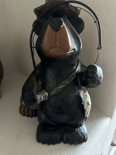 Fishing Bear figurine, Black Bear Holding his Fish & Pole, Cute Collectible 8”
