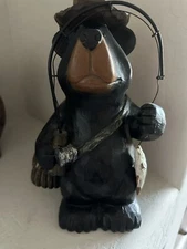 Fishing Bear figurine, Black Bear Holding his Fish & Pole, Cute Collectible 8”
