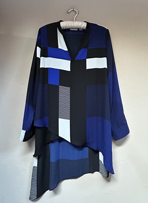 Chico's Womens 0 Black Blue Grid Blocks Layered Top Blouse Tunic Long Sleeve