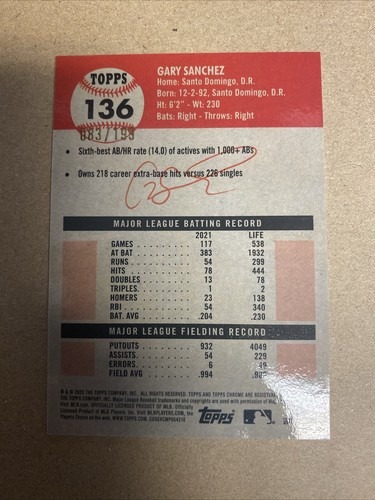 2022 Topps Chrome Platinum Gary Sanchez Blue Mini Diamond 83/199 - Picture 2 of 2
