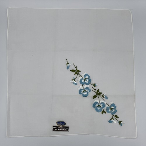 Vtg Embroidered Handkerchief Blue White Floral Made In Switzerland Hanky W/Label - Picture 4 of 7