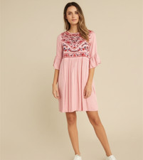 KIRUNDO Embroidered Mini Dress Size Large Blush Pink Bell Sleeves Preppy Festive