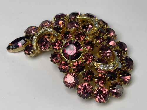 Large Vintage Unsigned Eisenberg Purple Clear Rhinestone Goldtone Brooch - Picture 3 of 9